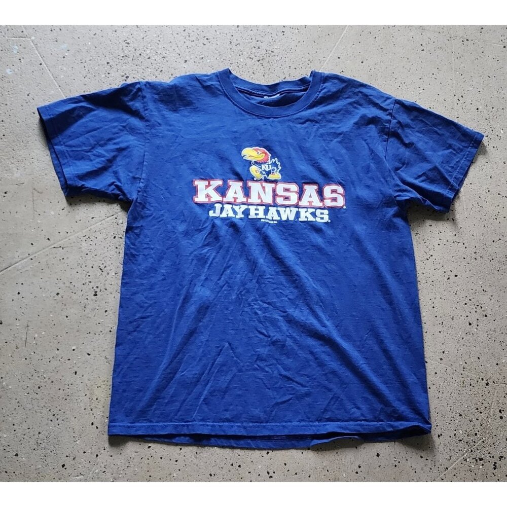 Vintage 90s Kansas Jayhawks Basketball T Shirt Large Blue Graphic Pro-Ad Sports